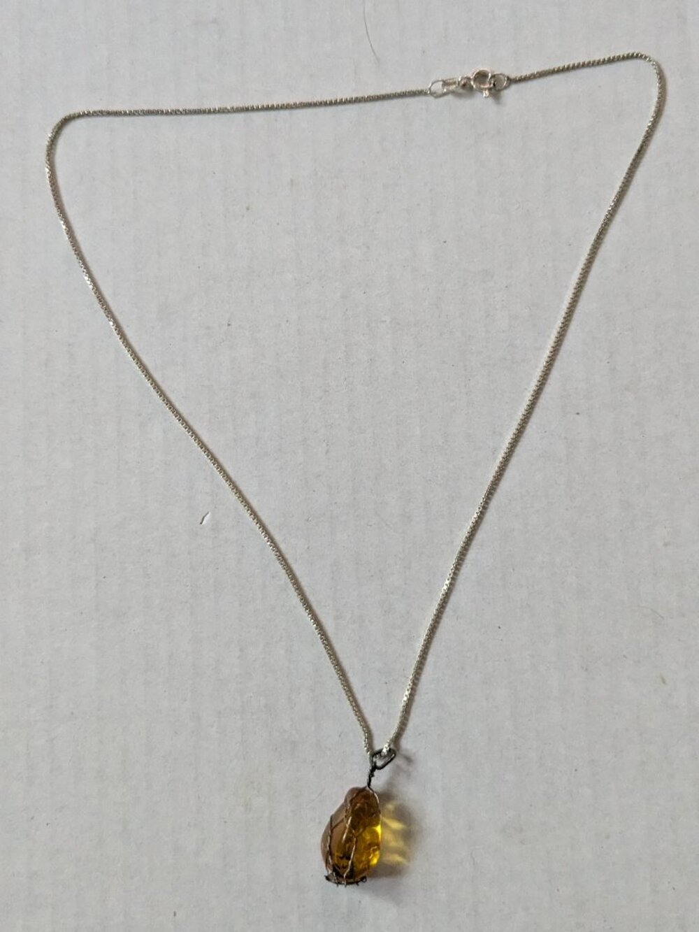 Dainty SU 925 Italy Sterling Silver Amber Pendant Necklace